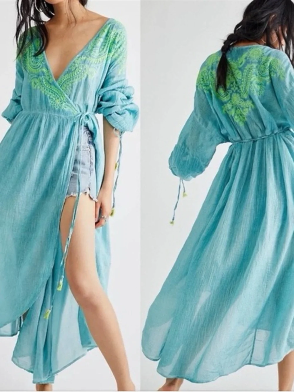 Free People Well Hello There Wrap Dress Beach Cover up Embroidered NWOT